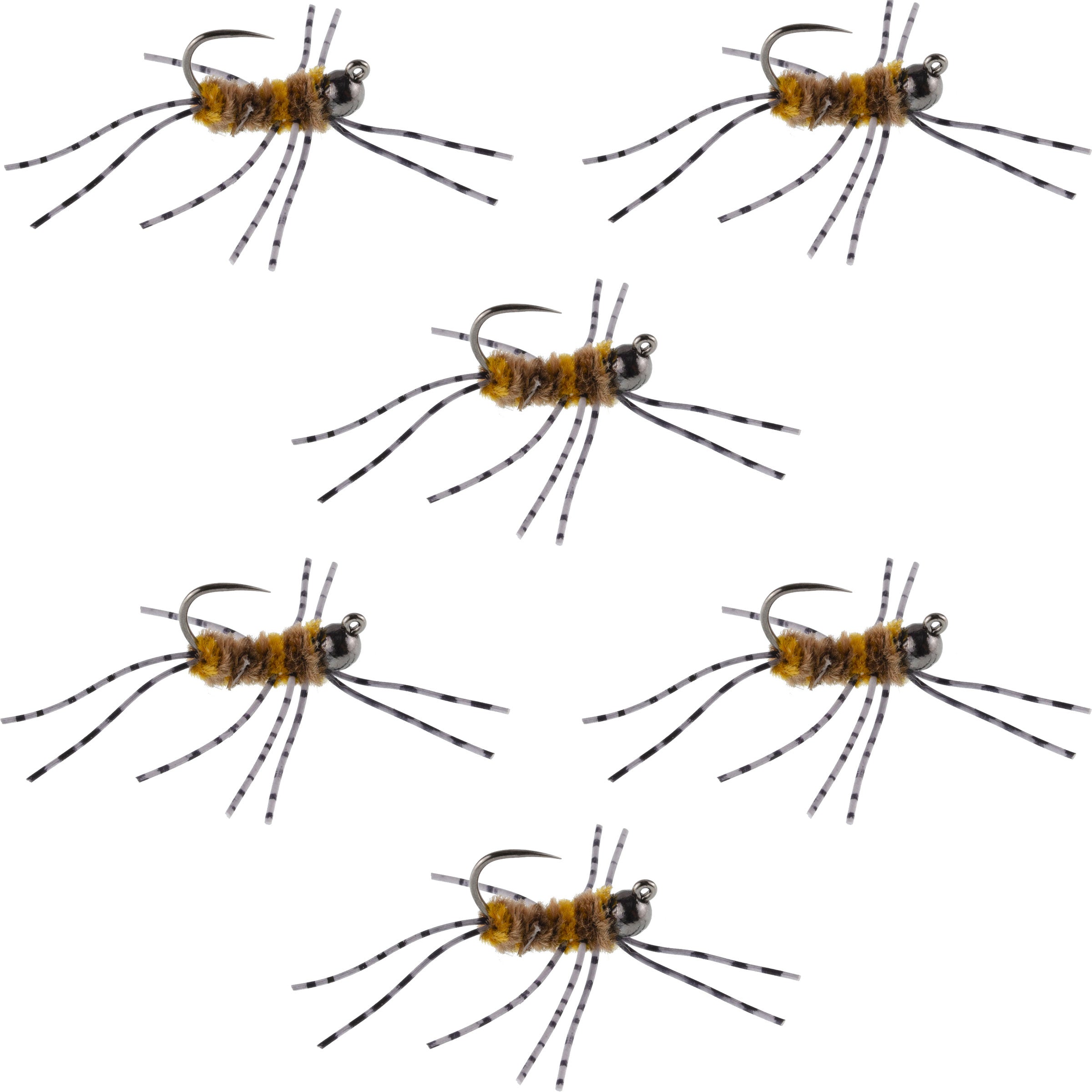 Barbless Pat's Barred Rubber Legs Tungsten Bead Jigged Coffee/Tan Euro Nymph  - Set of 6 Flies Hook Size 6