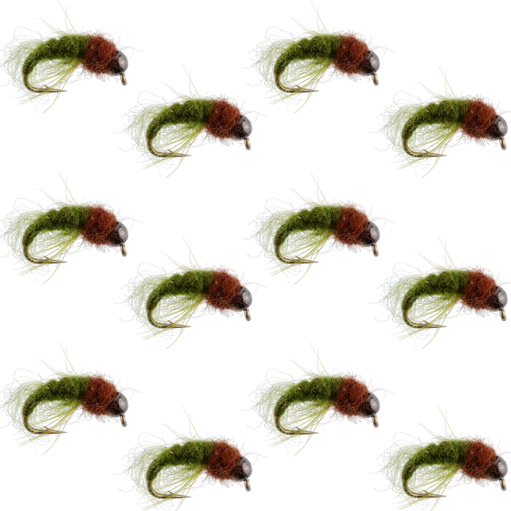 Bead Head Olive Brown Caddis Larva Nymph 12 Flies - Hook Size 12
