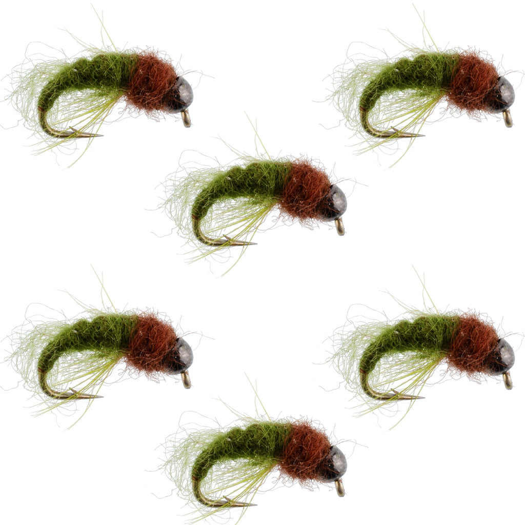 Bead Head Olive Brown Caddis Larva Nymph 6 Flies - Hook Size 16