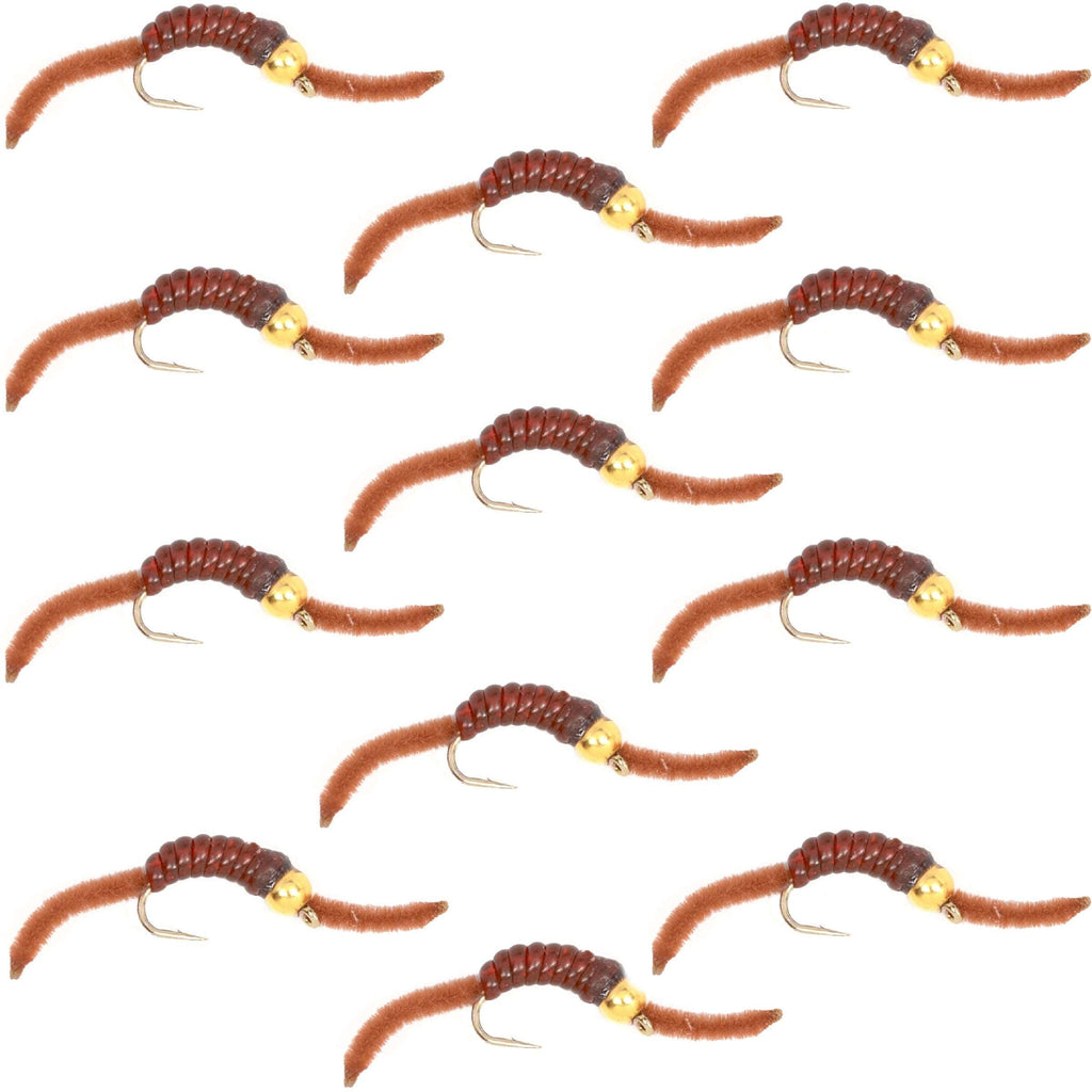 Barbless Tungsten San Juan Bead Head Power Worm Brown 12 Flies Size 14
