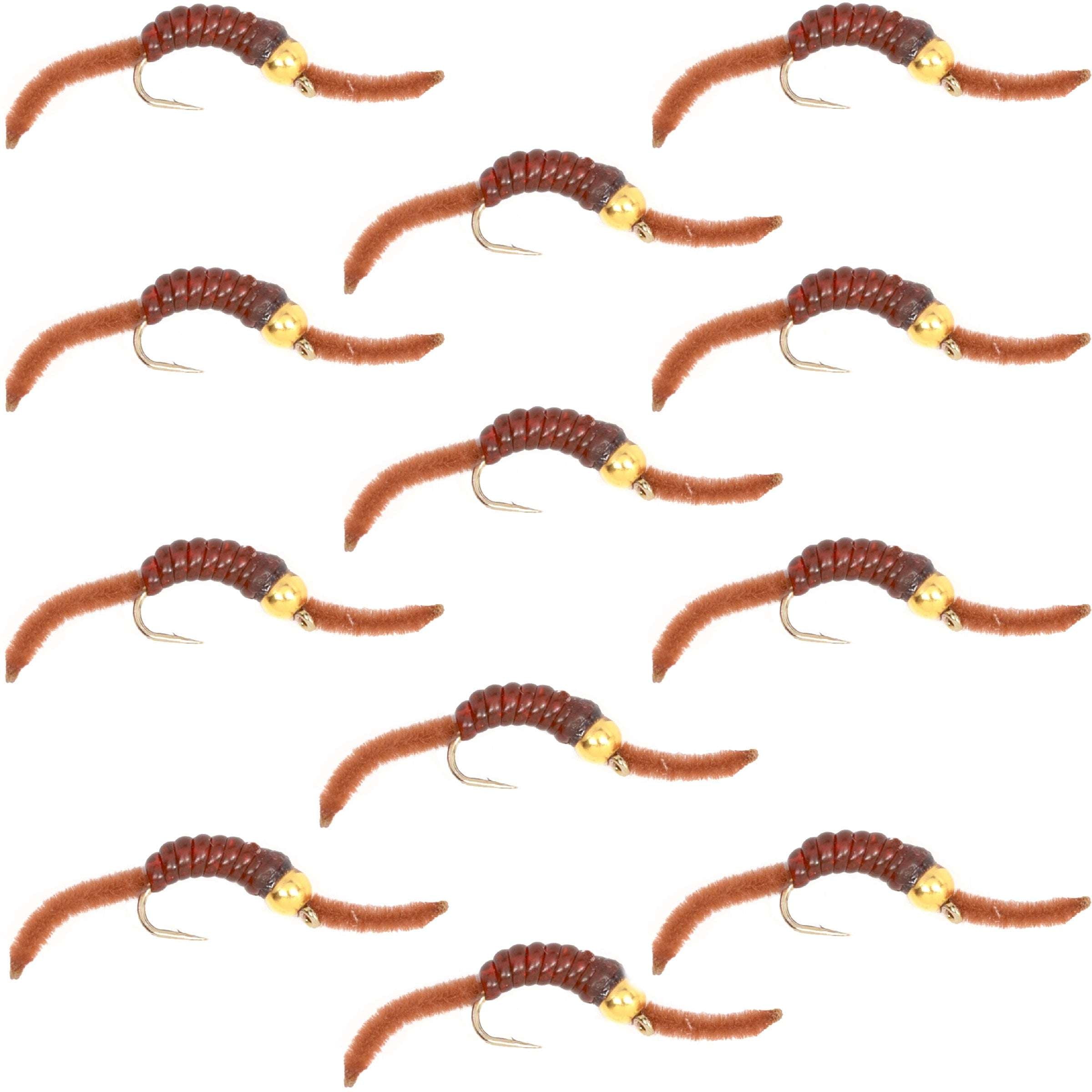 Barbless Tungsten San Juan Bead Head Power Worm Brown 12 Flies Size 14