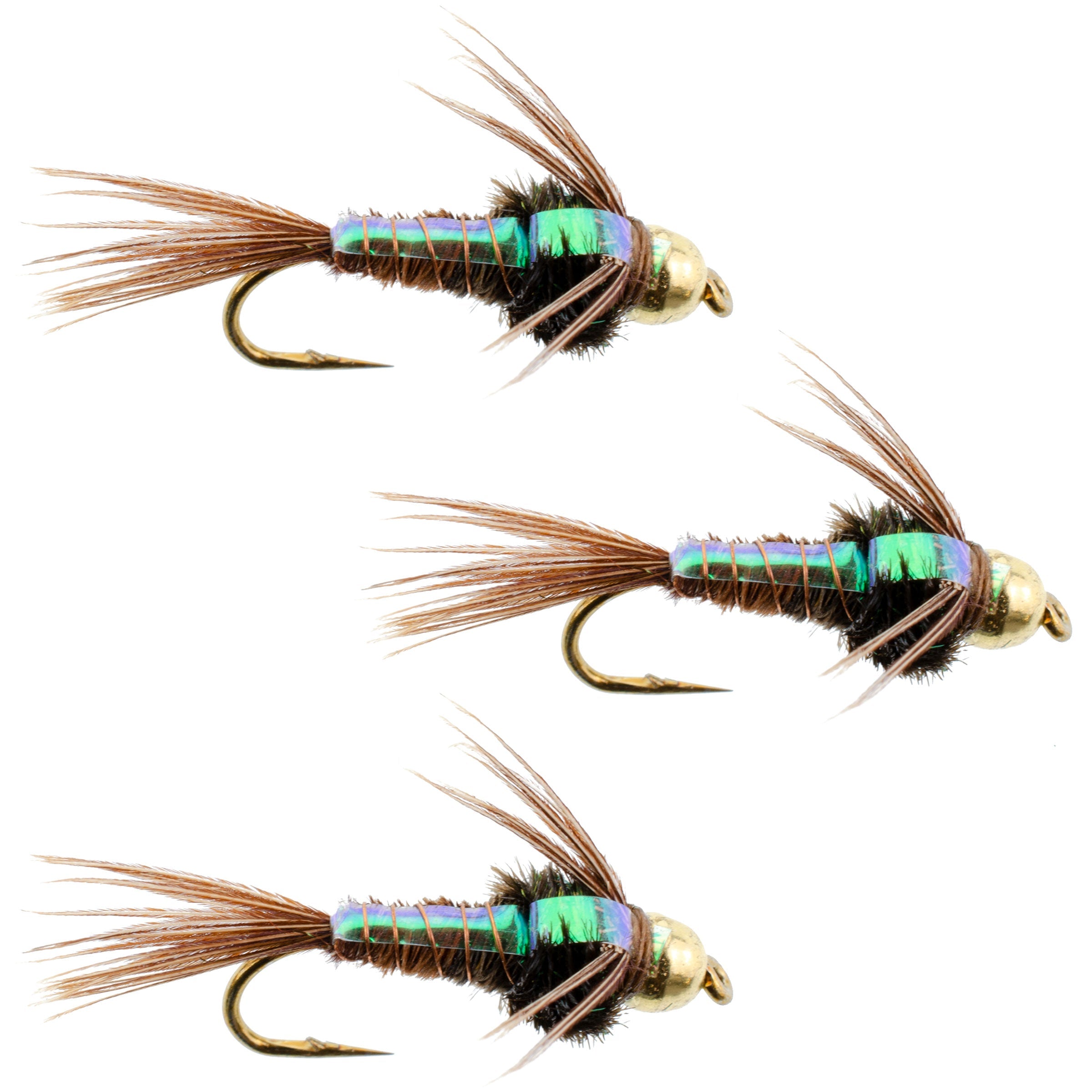3 Pack Bead Head Flashback Pheasant Tail Nymph Fly Hook Size 10