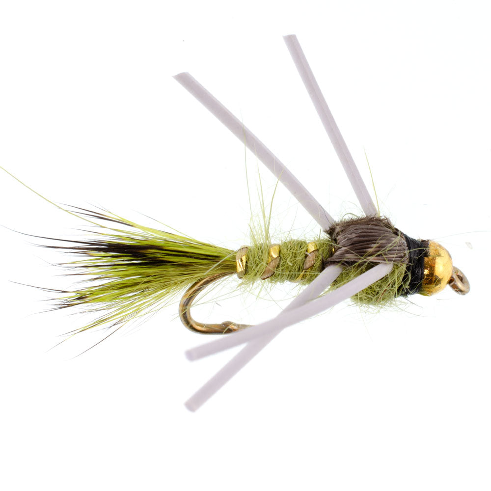3 Pack Tungsten Bead Head Rubber Legs Olive Gold-Ribbed Hare's Ear Trout Fly Nymph - Hook Size 14