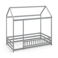 Twin Size Kids House Bed Wooden Floor Bed with Roof and Full-length Safety Guardrail-Gray