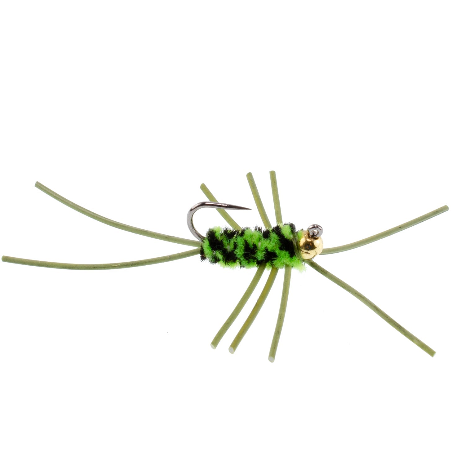 Barbless Pat's Rubber Legs Tungsten Bead Jigged Black/Chartreuse Euro Nymph  - Set of 12 Flies Hook Size 10