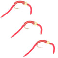 3 Pack San Juan Power Worm Gold Bead Head Red V-Rib - Hook Size 12