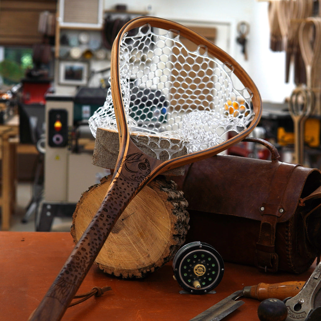 Fat Jake 16"x12" - Brook Trout Engraved - Natural Fly Fishing Traditional Landing Net - Handcrafted & Made in USA
