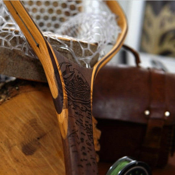 XL 18"x14" - Brown Trout Engraved - Natural Fly Fishing Traditional Landing Net - Handcrafted & Made in USA