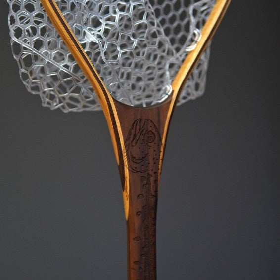 Fat Jake 16"x12" - Rainbow Trout Engraved - Natural Fly Fishing Traditional Landing Net - Handcrafted & Made in USA