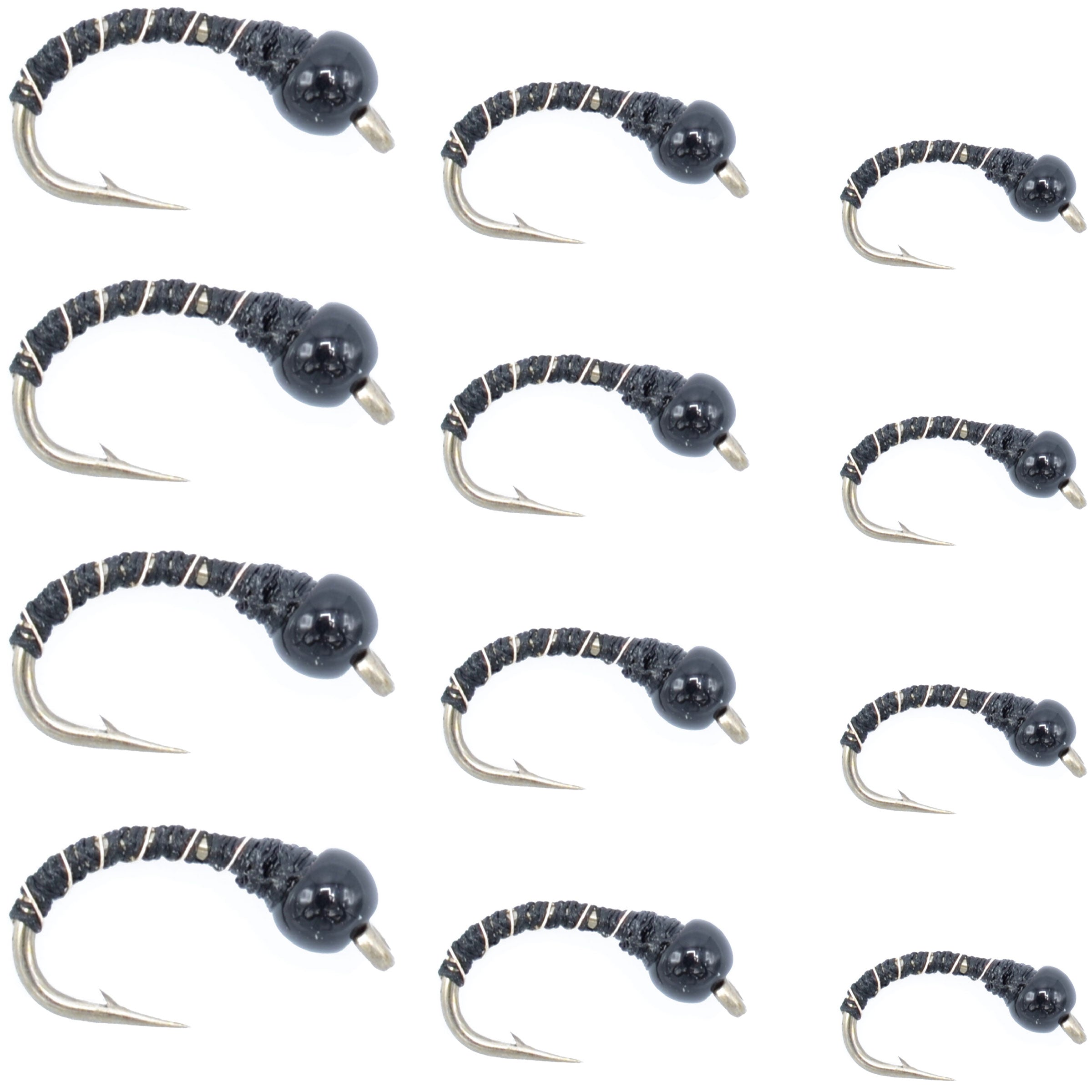 Black Zebra Midge Assortment - Black Bead Head - 1 Dozen - 4 Each of 3 Sizes 14, 16, 18 - Tailwater and Lake Fly Fishing Flies Assortment