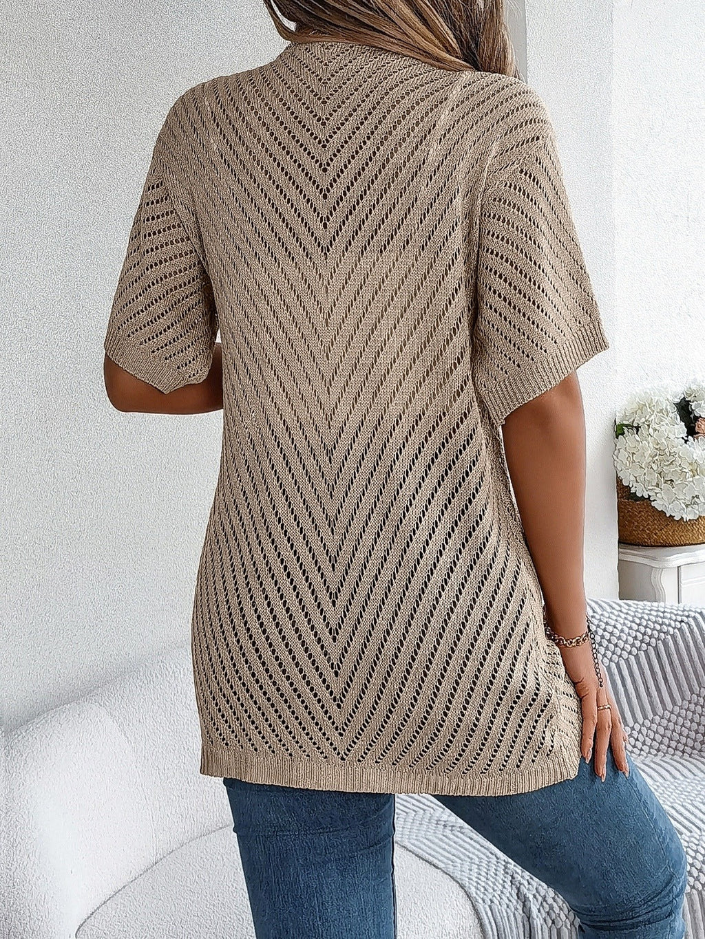 Openwork Open Front Half Sleeve Cardigan