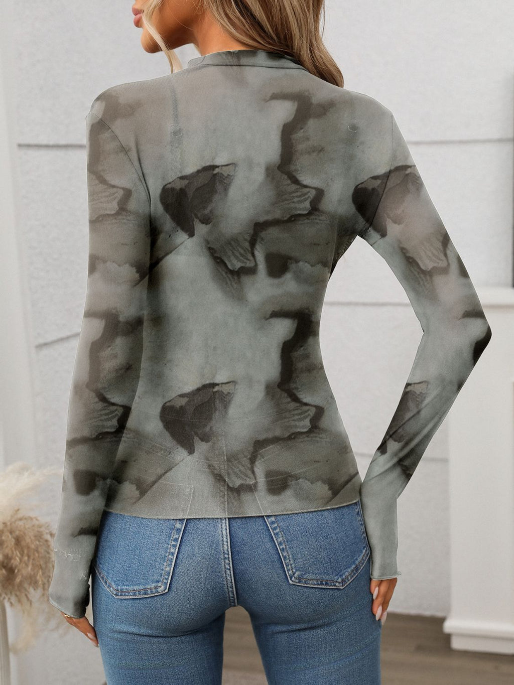 Printed Mock Neck Long Sleeve Mesh T-Shirt