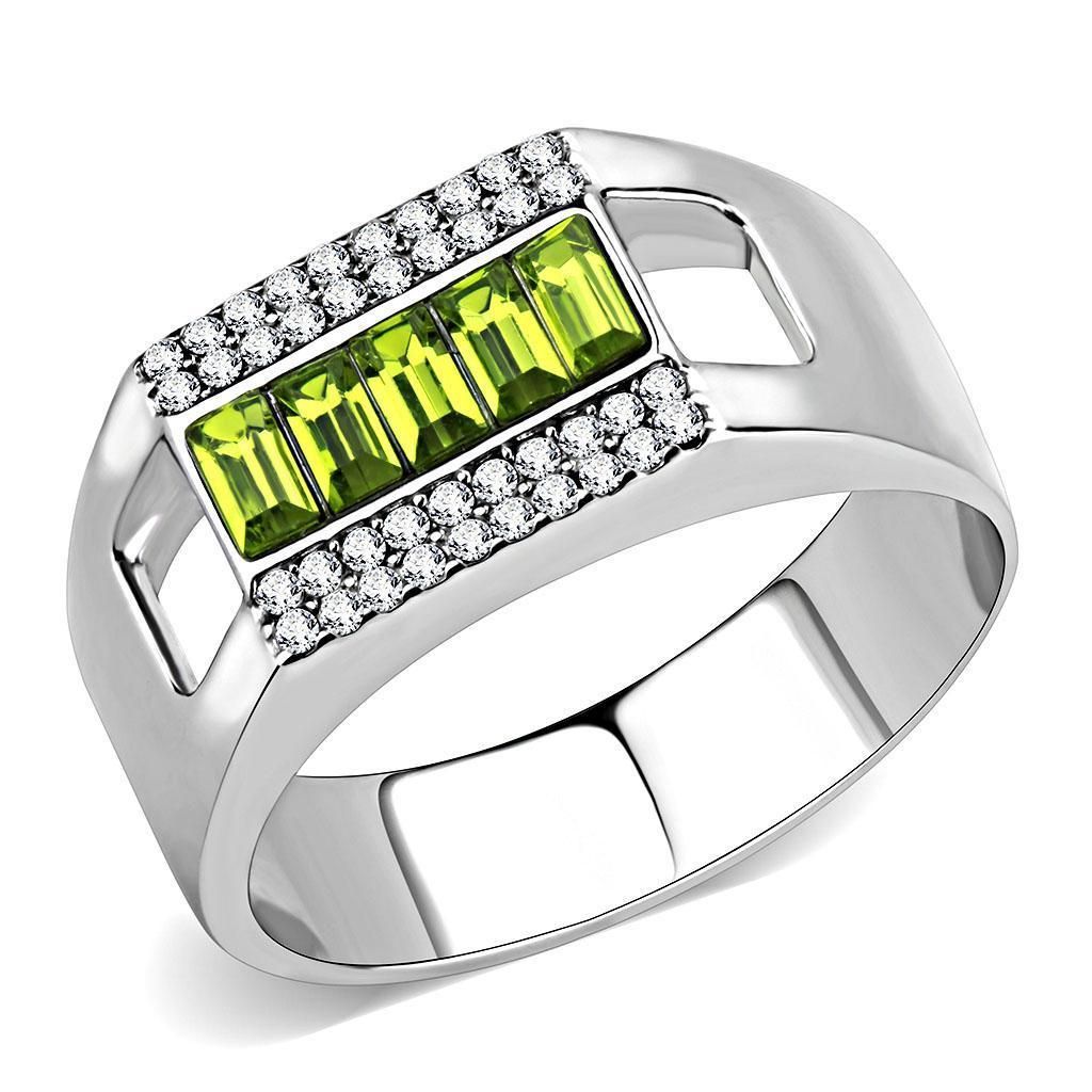DA289 - High polished (no plating) Stainless Steel Ring with Top Grade Crystal in Olivine color