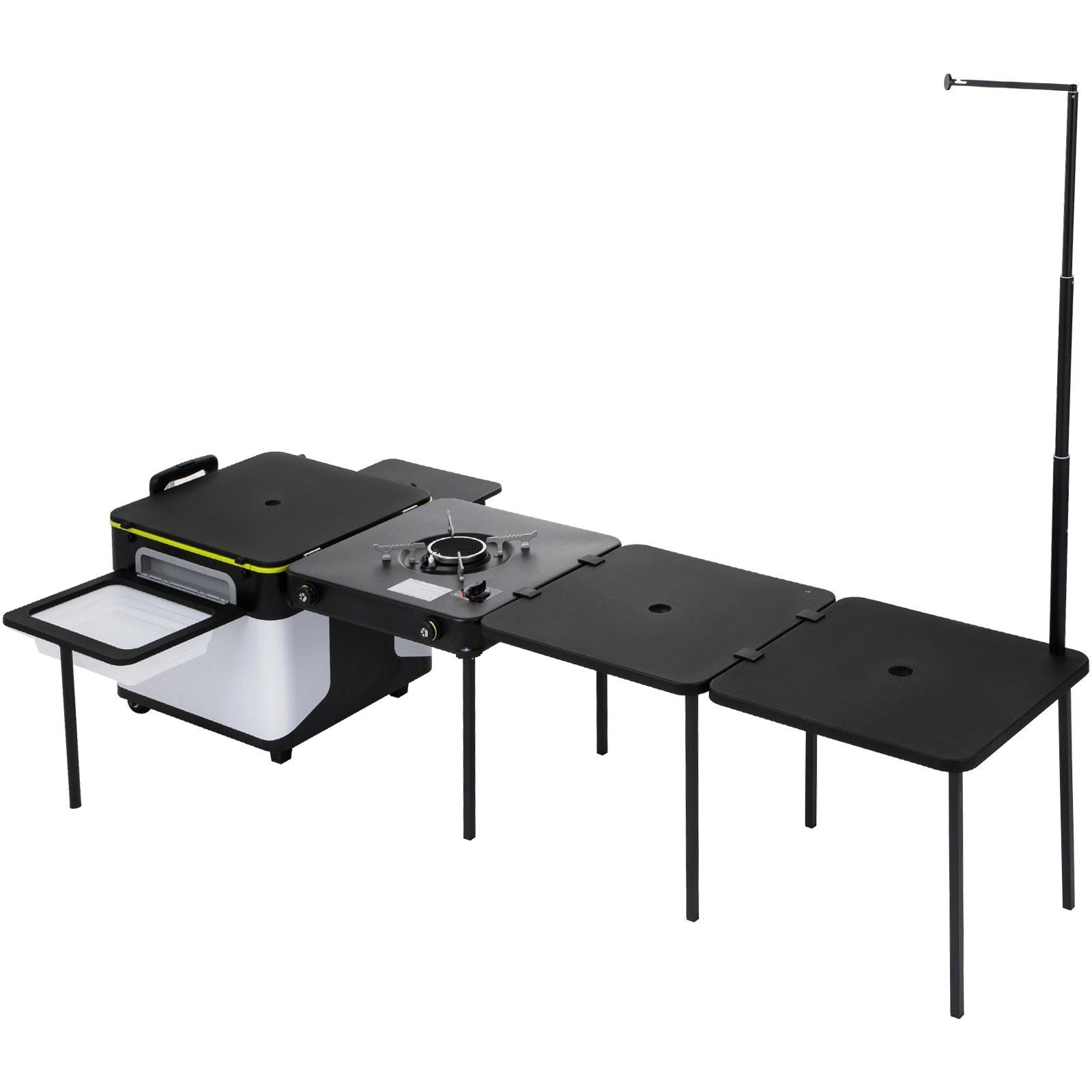 Outdoor Mobile Kitchen, Portable Multifunctional Camp Box with Wheels All in One Integrated Cooking Station with Windproof Stove, Folding Tables Storage Organizer, Black