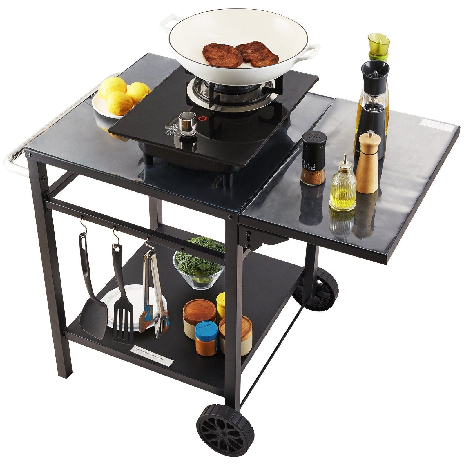 Outdoor Grill Dining Cart with Double-Shelf, BBQ Movable Food Prep Table, Multifunctional Foldable Iron Table Top, Portable Modular Carts for Pizza Oven, Worktable with 2 Wheels, Carry Handle