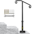 Handrails for Outdoor Steps, Fit 1 or 2 Steps Outdoor Stair Railing, Single Post Wrought Iron Handrail, Gray Transitional Porch Railings for Concrete Steps or Wooden Stairs with Base